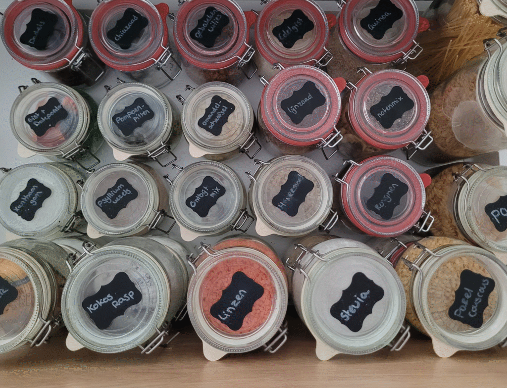 Geordende voorraad in weckpotten